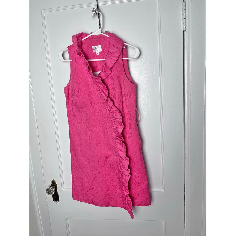 Milly Women's Preppy Pink Jacquard Ruffle Sleeveless Shift Short Dress Size 4